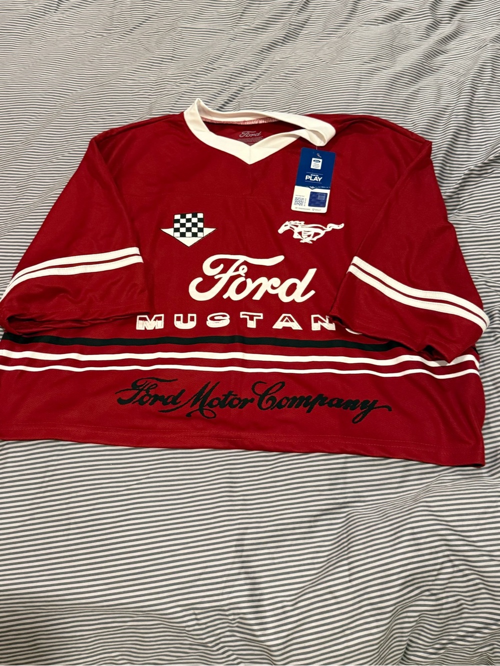 Ford Women's Deep Red and White Racing-Style Jersey Top